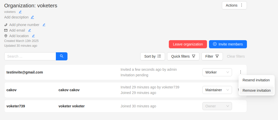 Organization page with opened menu for resending and removing invitations