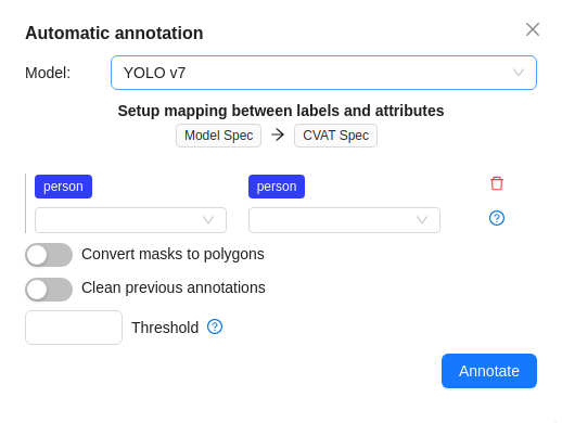 Automatic annotation window displaying the selected YOLOv3 model and parameters