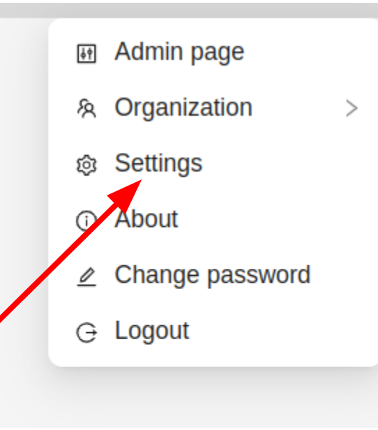 User menu with highlighted &ldquo;Settings&rdquo; option