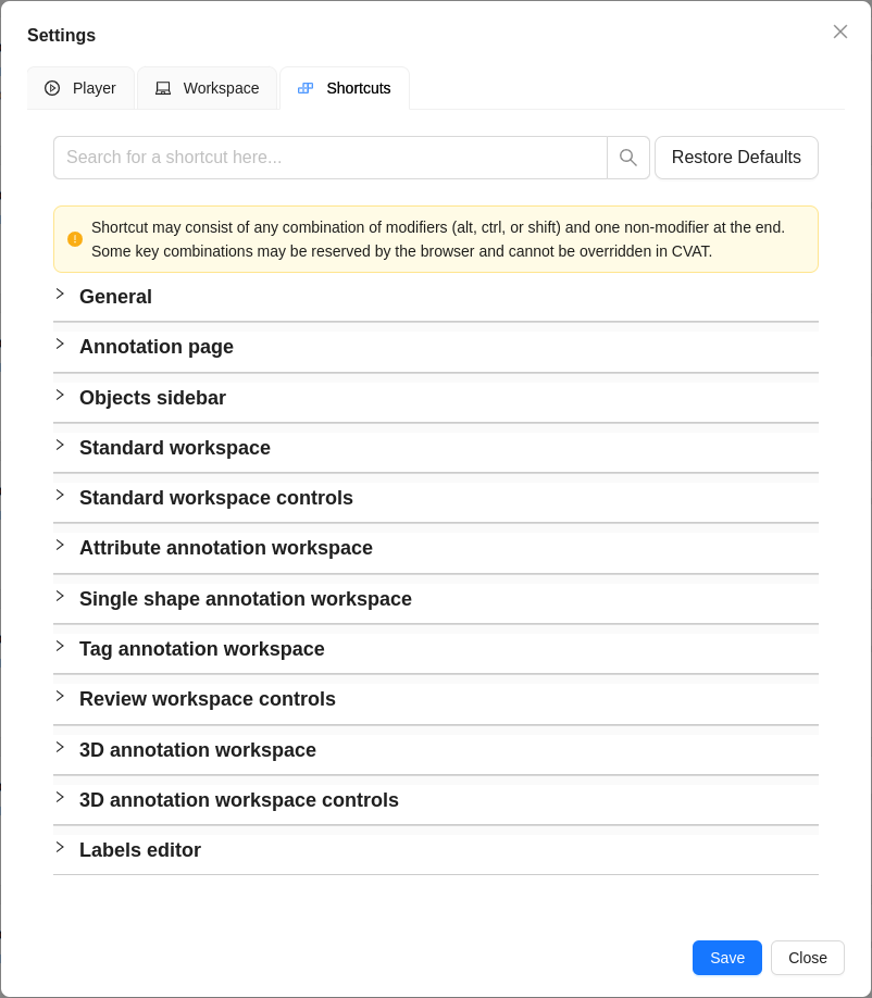 &ldquo;Shortcuts&rdquo; tab with customization menu