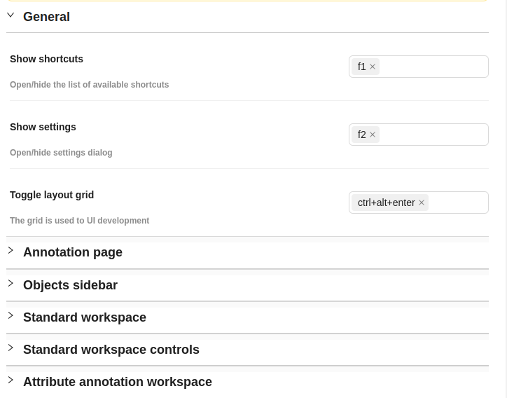 Expanded &ldquo;General&rdquo; section in &ldquo;Shortcuts&rdquo; tab