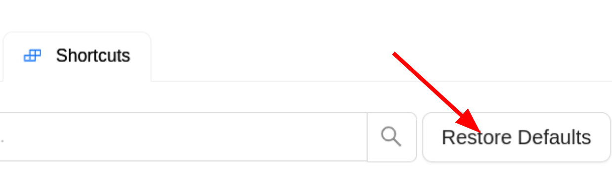 &ldquo;Shortcuts&rdquo; tab with highlighted &ldquo;Restore defaults&rdquo; button