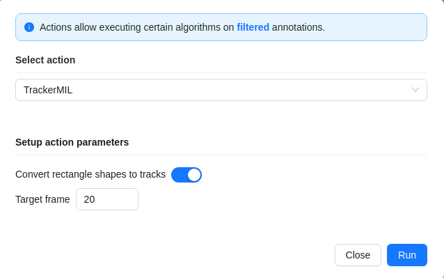 Annotation actions window with parameters and buttons