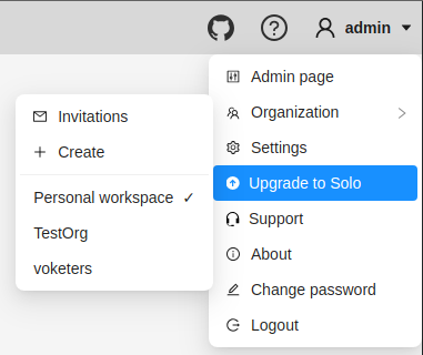User menu with selected &ldquo;Personal workspace&rdquo; in &ldquo;Organization&rdquo; option