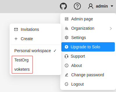 Example of user menu with available organizations