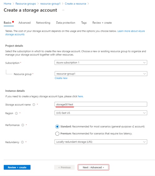 Microsoft Azure interface with basic settings for storage account