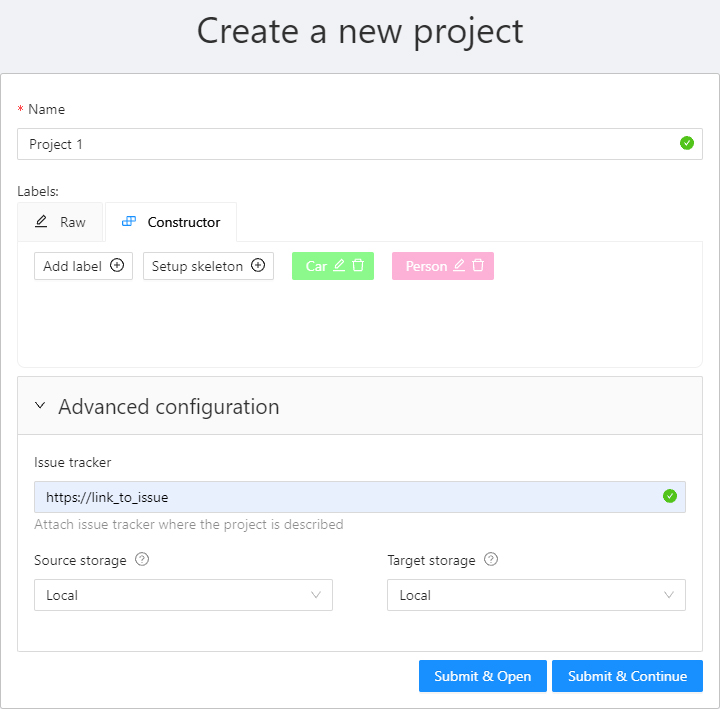 &ldquo;Create a new project&rdquo; window with options and parameters