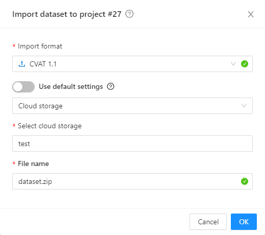 &ldquo;Import dataset&rdquo; window with options and parameters