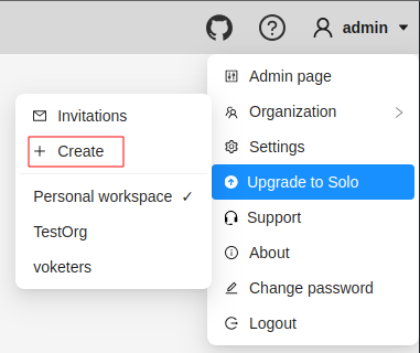 User menu with highlighted &ldquo;Create&rdquo; button for creating organization